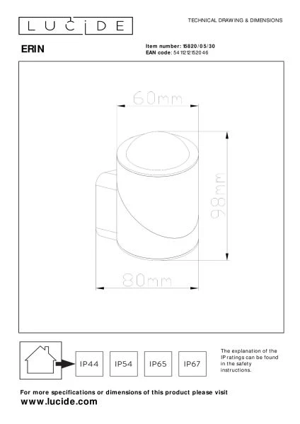Lucide ERIN - Wandstrahler / Wandleuchte Innen/Außen - LED - 1x5W 2700K - IP65 - Schwarz - technisch